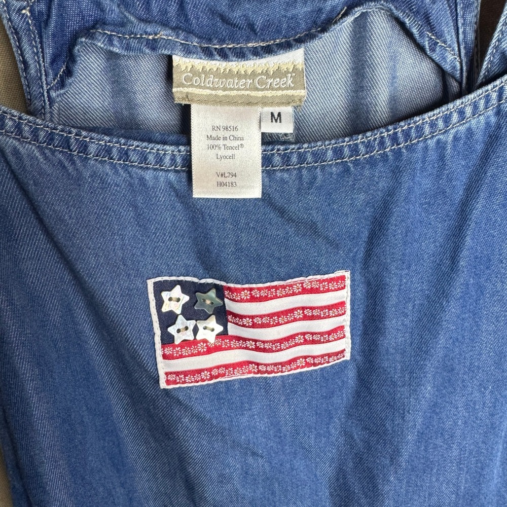 Vintage Blue Denim Overall Jumper Maxi Dress Flag Patch Women M Teacher Core - Picture 5 of 7